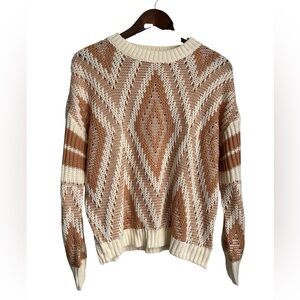 Cupshe Diamond Stitched Drop Sleeve Sweater - Cream and Tan - XS